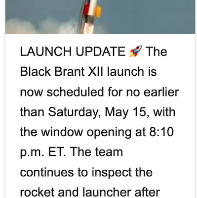 NASA Wallops Postpones Black Brant Sounding Rocket Until Saturday