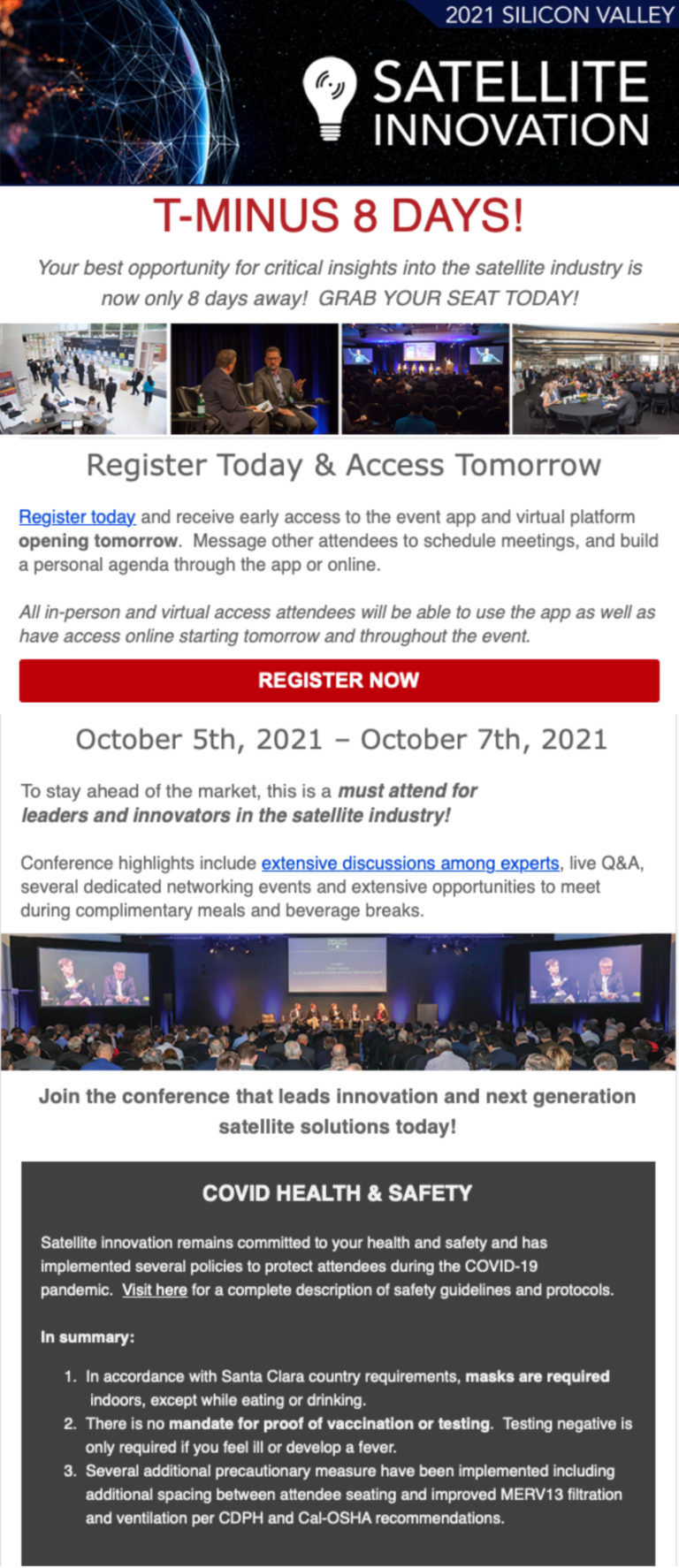 Satellite Innovation 2021 Silicon Valley Only A Few Days Away... Register Today + Access Tomorrow